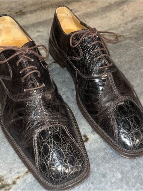 Men's Brown Croc-Ostrich  Leather Lace-Up Dress Oxfords
